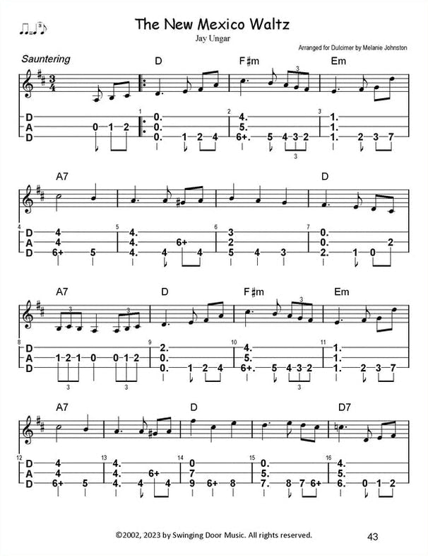 The New Mexico Waltz in mountain dulcimer tab, from 22 Selections From Catskill Mountain Waltzes And Airs by Melanie Johnston