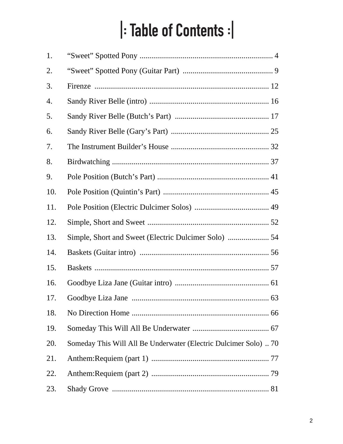 Table of contents of A Long Way From Shady Grove by Butch Ross