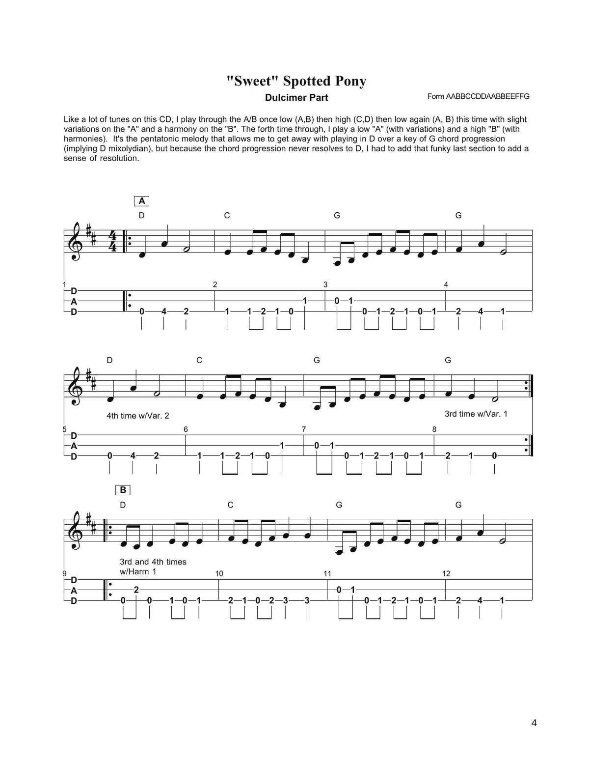 "Sweet" Spotted Pony in mountain dulcimer tab, from A Long Way From Shady Grove by Butch Ross
