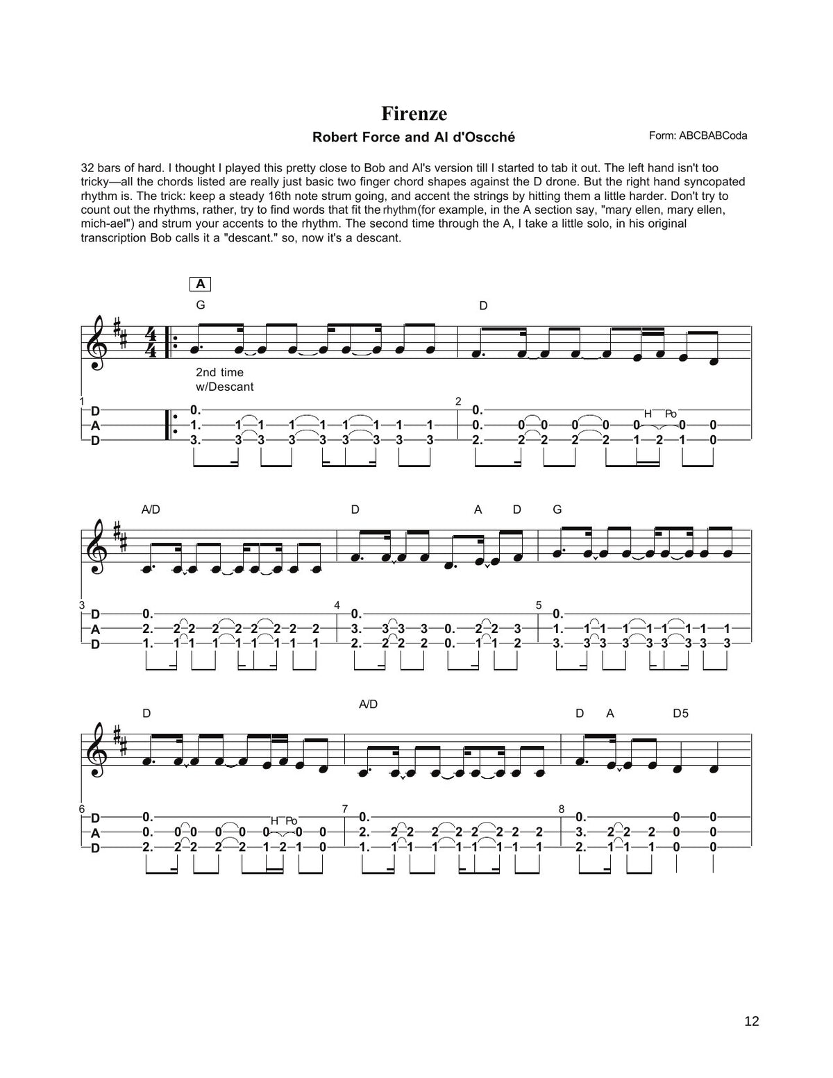 Firenze in mountain dulcimer tab, from A Long Way From Shady Grove by Butch Ross