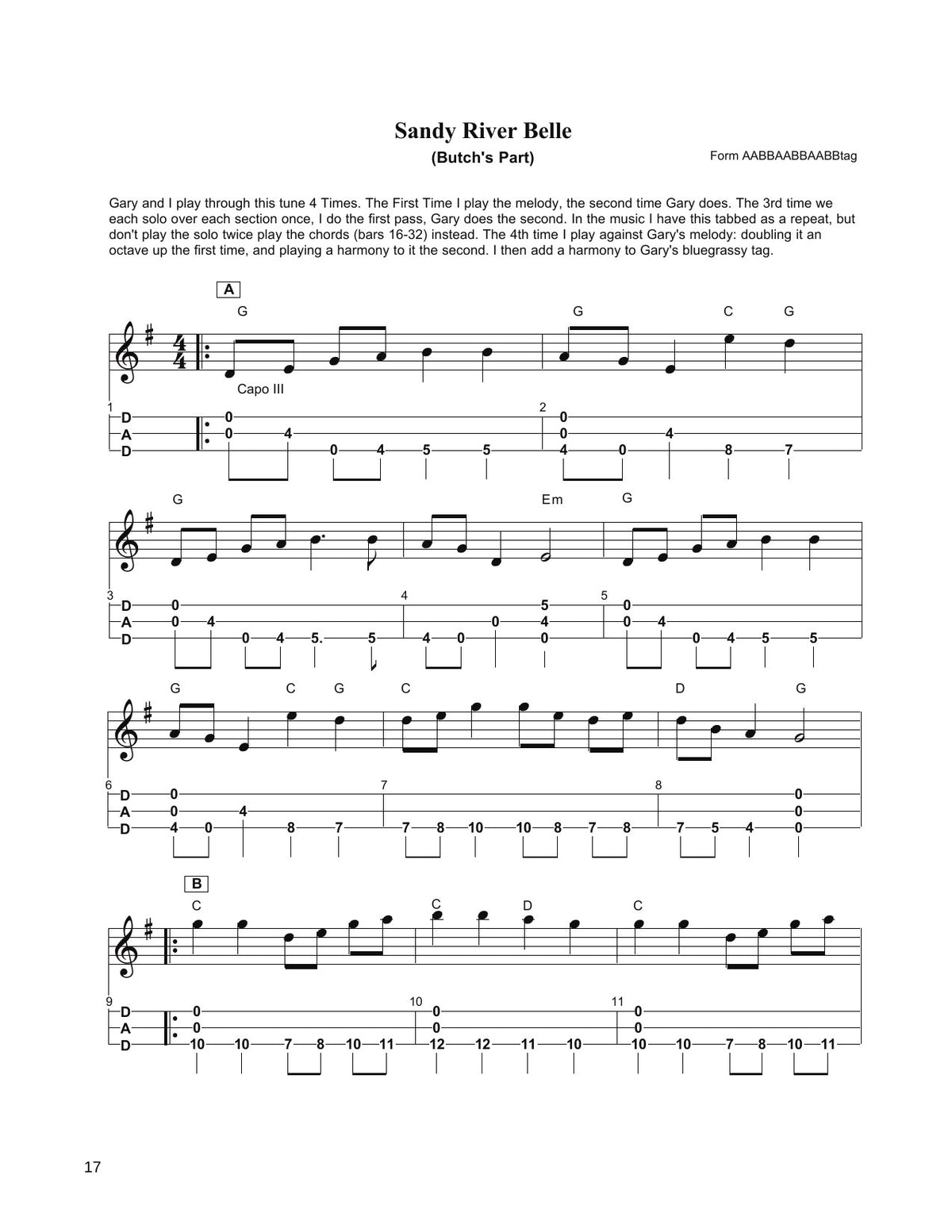 Sandy River Belle in mountain dulcimer tab, from A Long Way From Shady Grove by Butch Ross