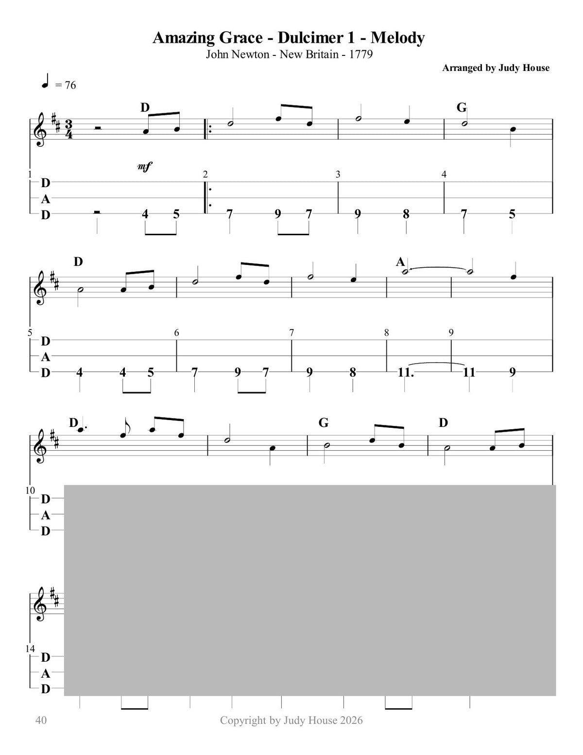 Amazing Grace in mountain dulcimer tab, from Classic Hymns In Multiple Parts by Judy House