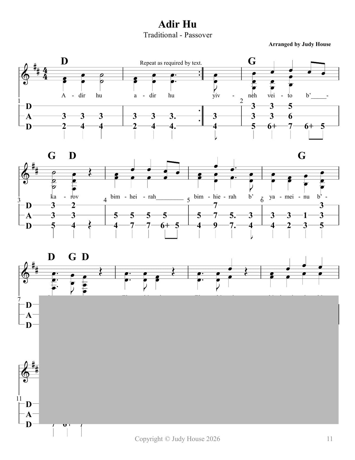 Adir Hu in mountain dulcimer tab, from A Collection Of Jewish Music For The Mountain Dulcimer by Judy House
