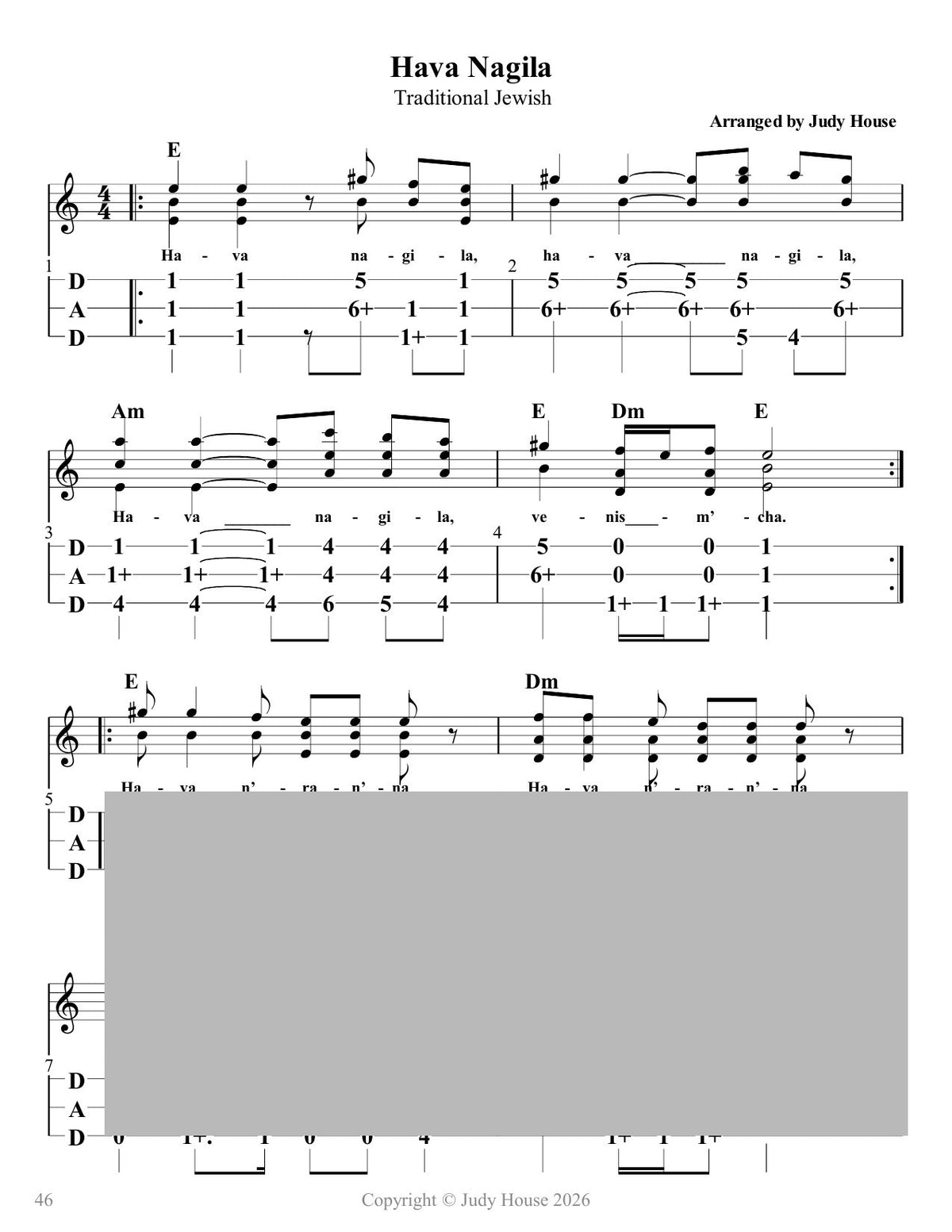 Hava Nagila in mountain dulcimer tab, from A Collection Of Jewish Music For The Mountain Dulcimer by Judy House