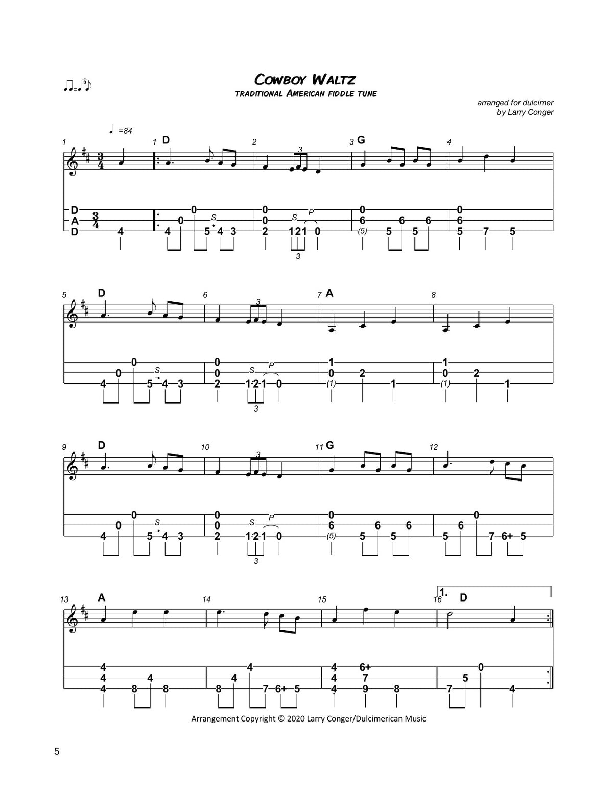 Cowboy Waltz in mountain dulcimer tab, from The Waltz Collection by Larry Conger