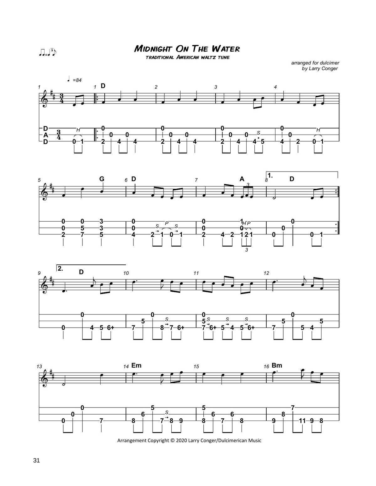 Midnight On The Water in mountain dulcimer tab, from The Waltz Collection by Larry Conger