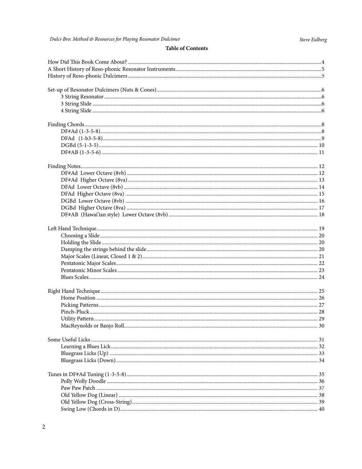 Table of contents of Dulci-Bro: Method And Resources For Playing Resonator Dulcimer by Steve Eulberg