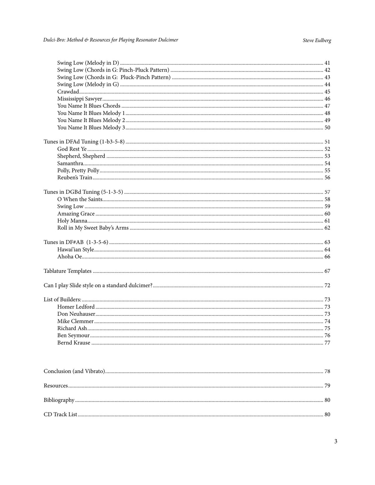 Table of contents, continued, of Dulci-Bro: Method And Resources For Playing Resonator Dulcimer