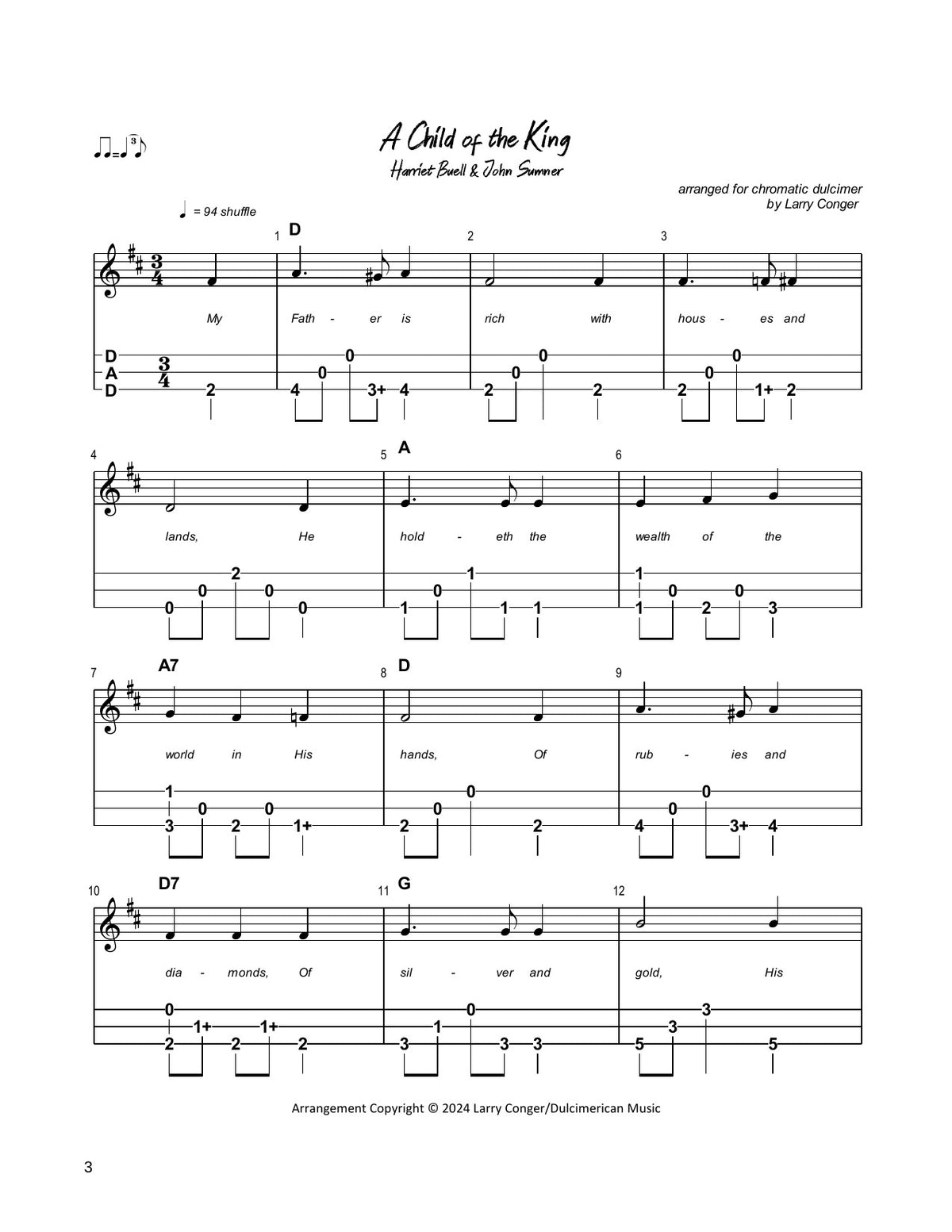 A Child Of The King in mountain dulcimer tab, from Hymns For Chromatic Mountain Dulcimer by Larry Conger