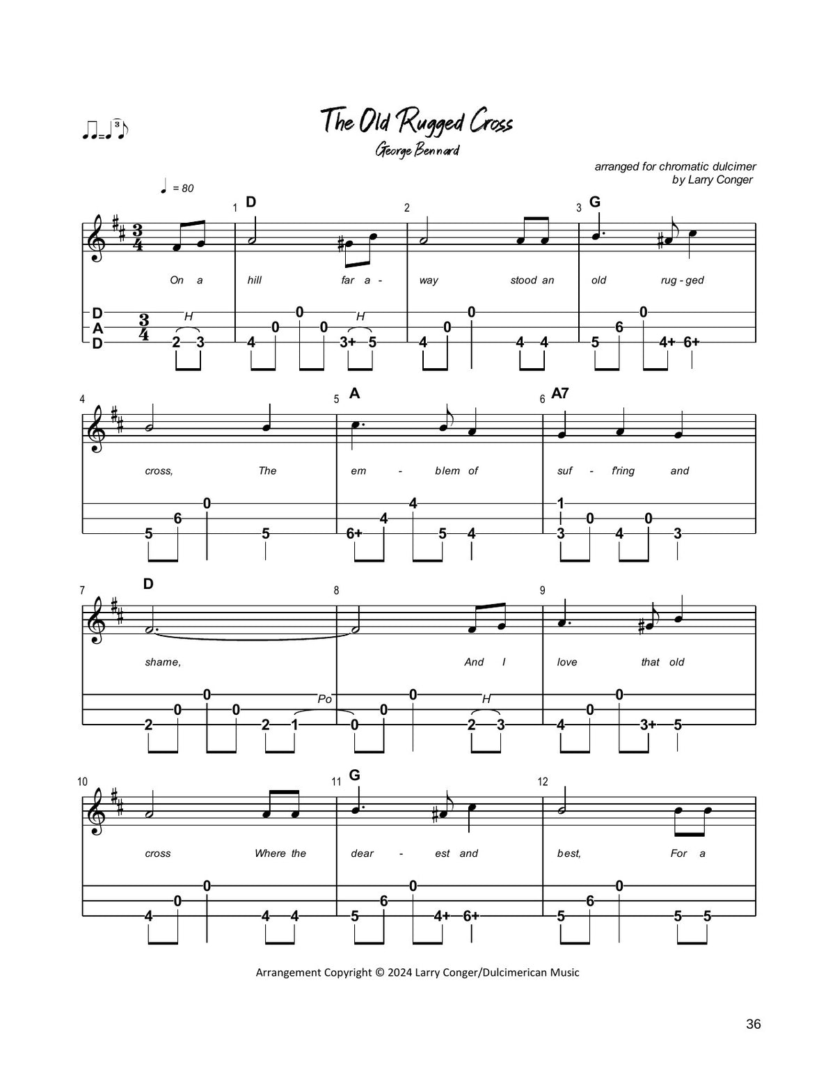 The Old Rugged Cross in mountain dulcimer tab, from Hymns For Chromatic Mountain Dulcimer by Larry Conger