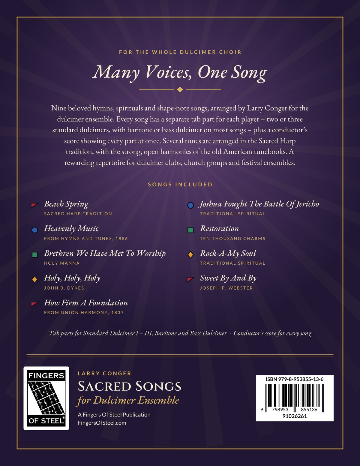 Back cover of Sacred Songs For Dulcimer Ensemble by Larry Conger