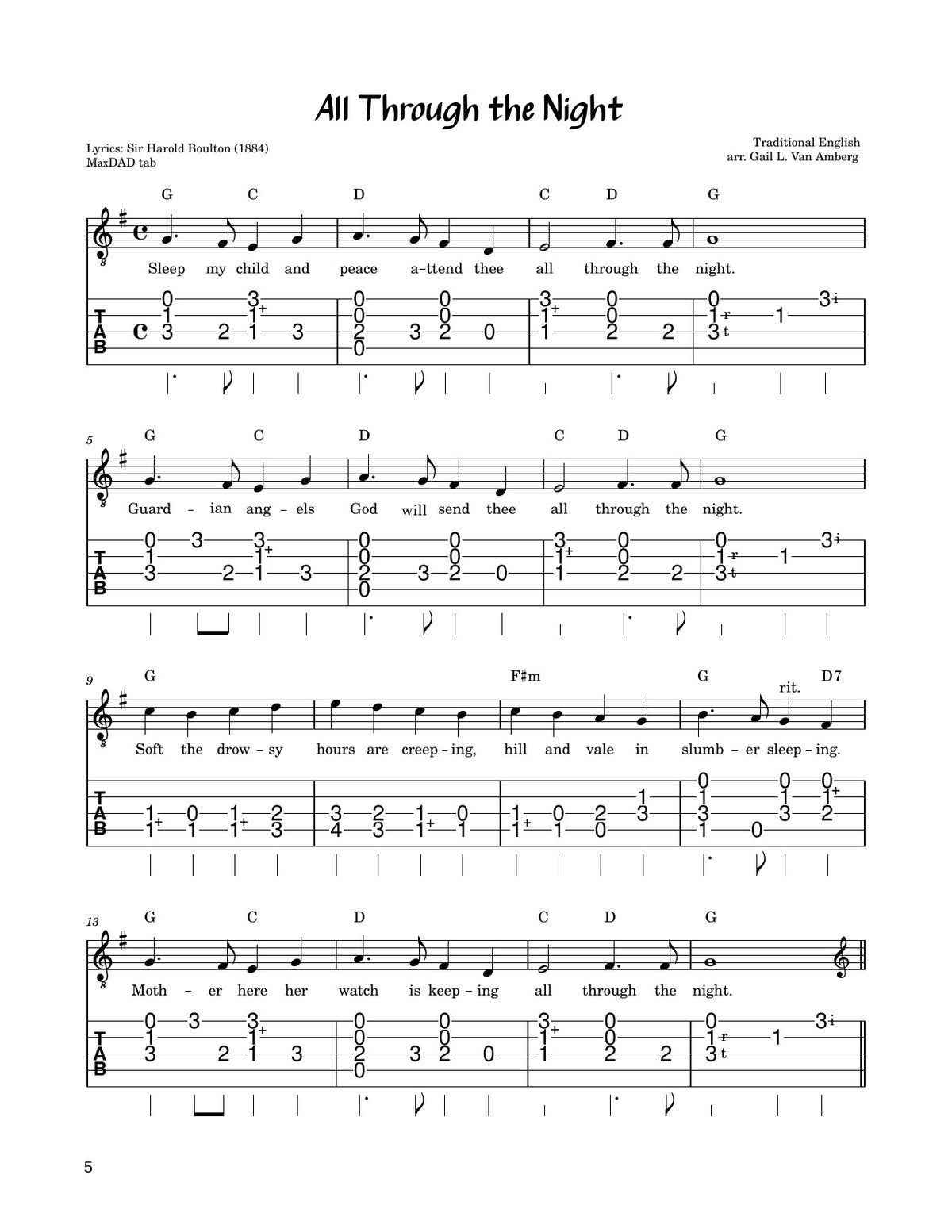 All Through The Night in mountain dulcimer tab, from MaxDAD Songbook by Gail L. Van Amberg