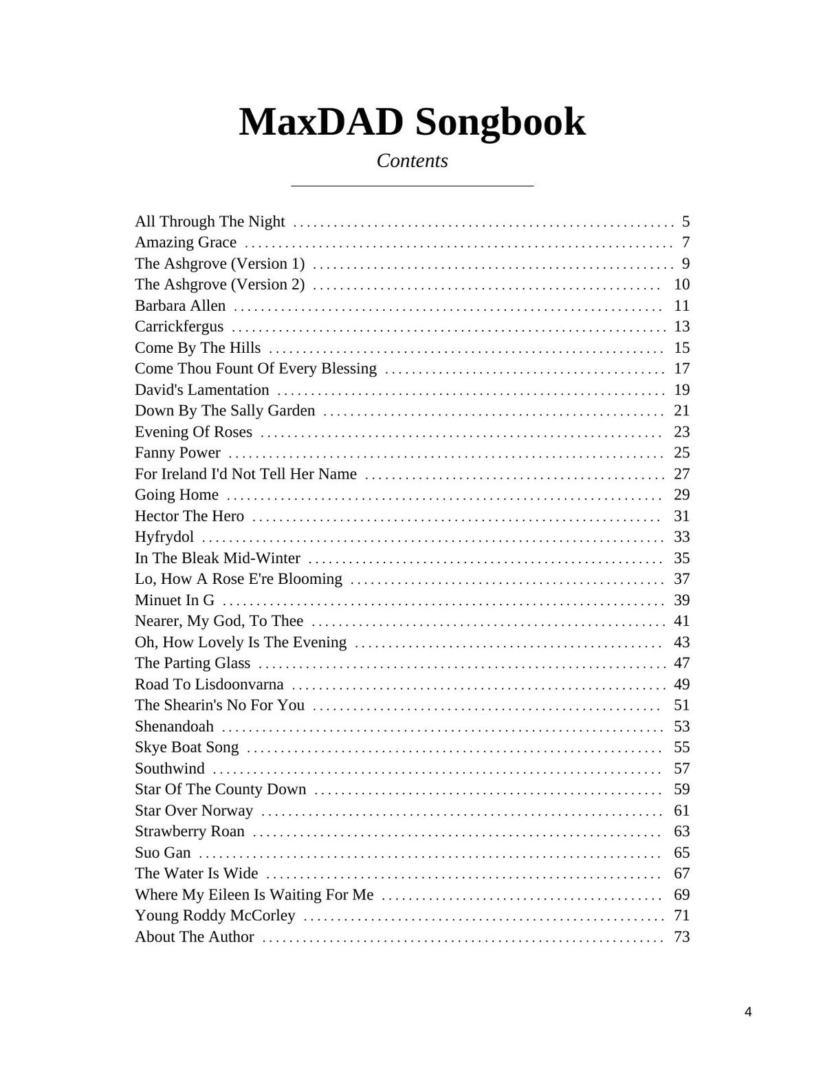 Table of contents of MaxDAD Songbook by Gail L. Van Amberg