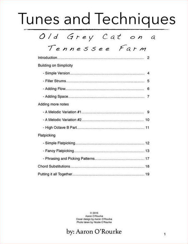 Table of contents of Tunes & Techniques: Old Grey Cat On A Tennessee Farm by Aaron O'Rourke