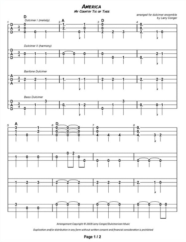 America (My Country Tis Of Thee) in dulcimer tab, from "America (My Country Tis Of Thee)" For Dulcimer Quartet/Ensemble