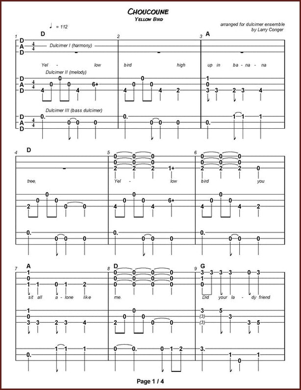 Larry Conger - "Choucoune (Yellow Bird)" For Dulcimer Trio/Ensemble-Larry Conger-PDF-Digital-Download