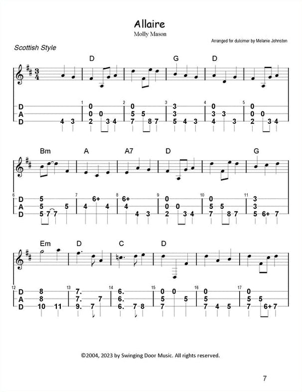 Allaire in mountain dulcimer tab, from 22 Selections From Catskill Mountain Waltzes And Airs by Melanie Johnston