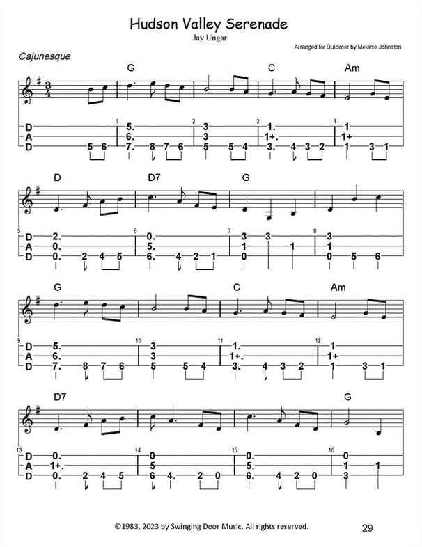 Hudson Valley Serenade in mountain dulcimer tab, from 22 Selections From Catskill Mountain Waltzes And Airs