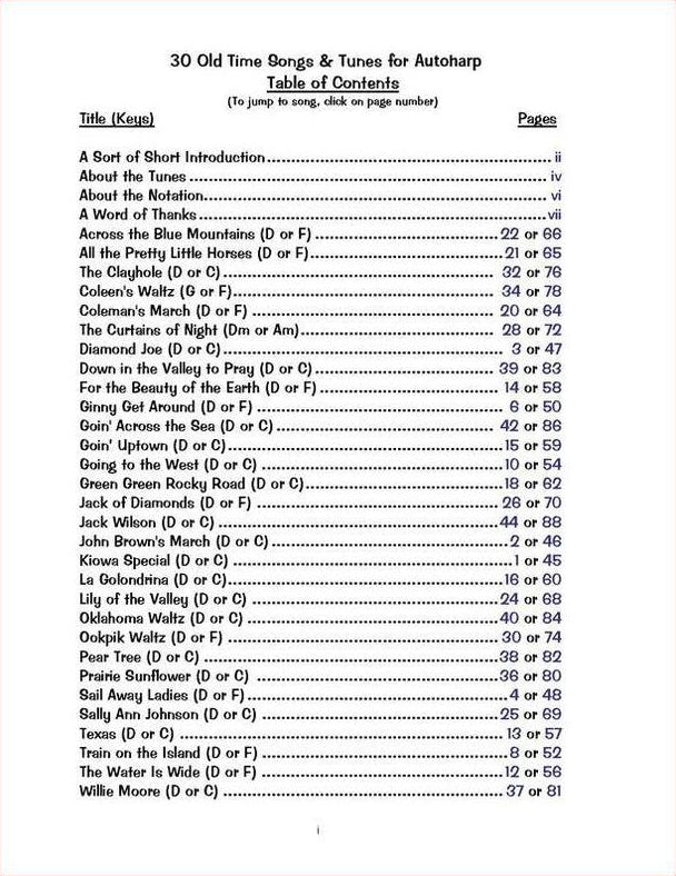 Table of contents of the autoharp edition of 30 Old Time Tunes