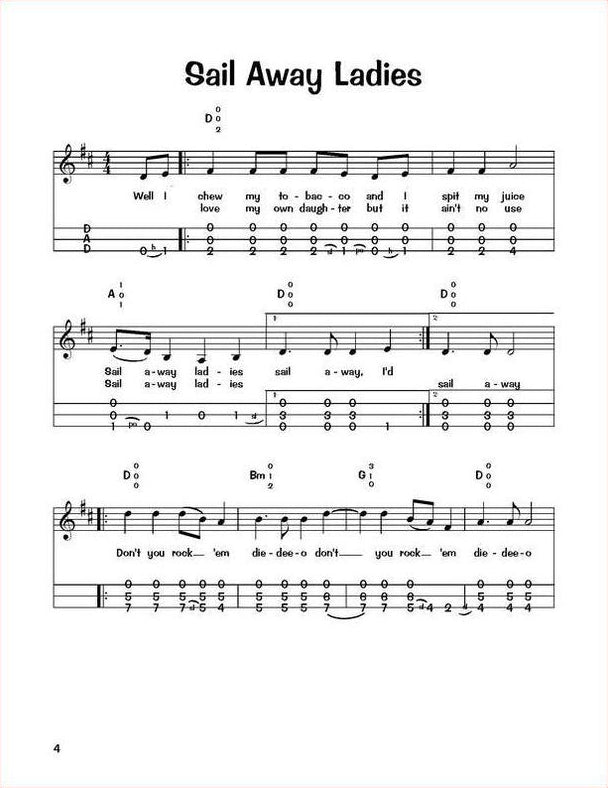 Sail Away Ladies in mountain dulcimer tab, from 30 Old Time Tunes by Neal Walters And Heidi Cerrigione
